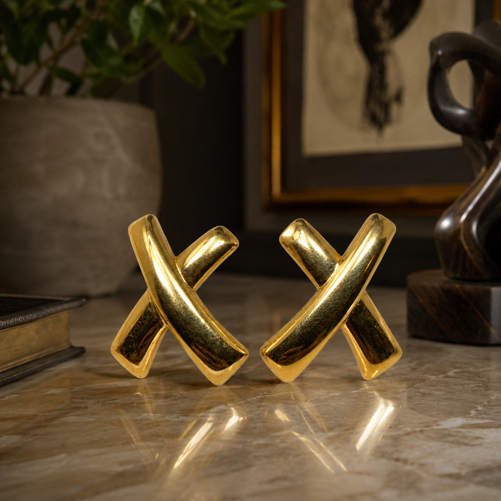 Vintage 1980's Gold Tone Modernist "X" Earrings Geometric Pierced Couture Mogul